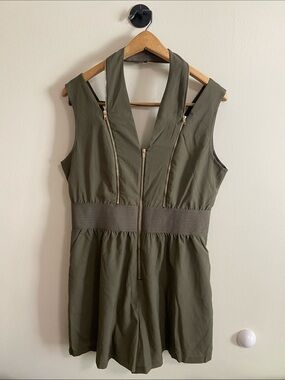 Sleeveless Army Green Romper w/ Gold Zippers & Pockets